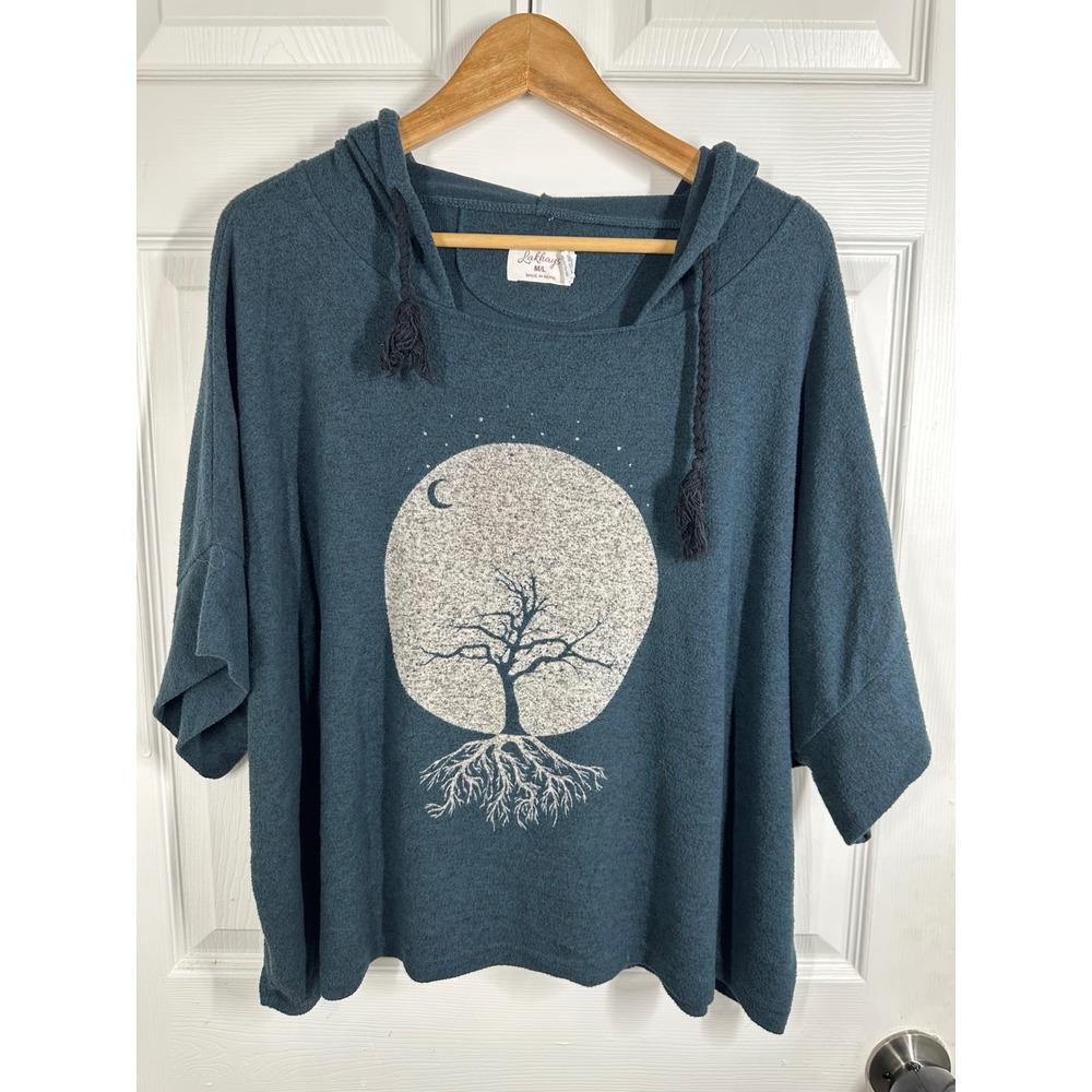 Lakhays Poncho Hoodie Womens M/L Teal Tree of Life Moon Graphic Boho Knit Top